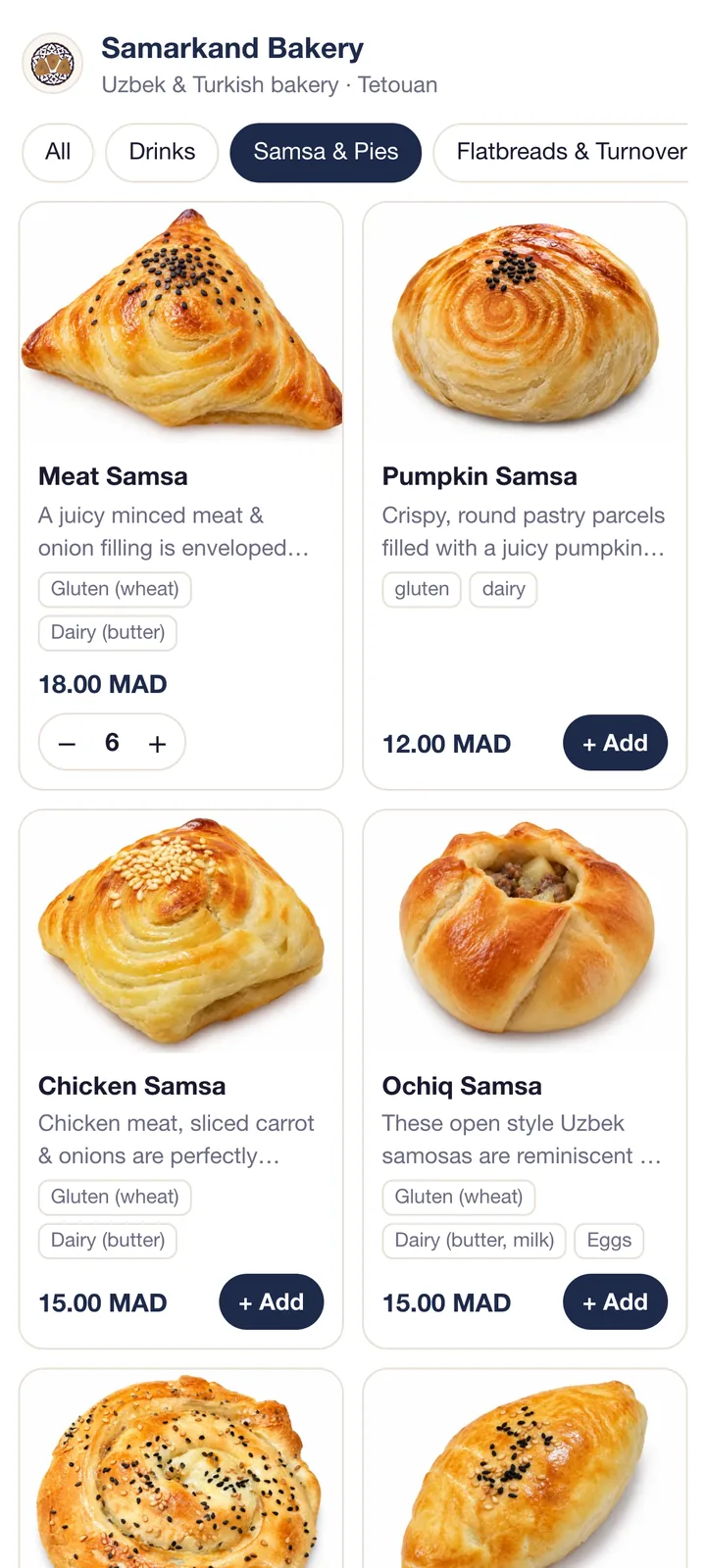The Samarkand Bakery menu inside a Claude chat, with photos, prices and 6 meat samsa in the basket