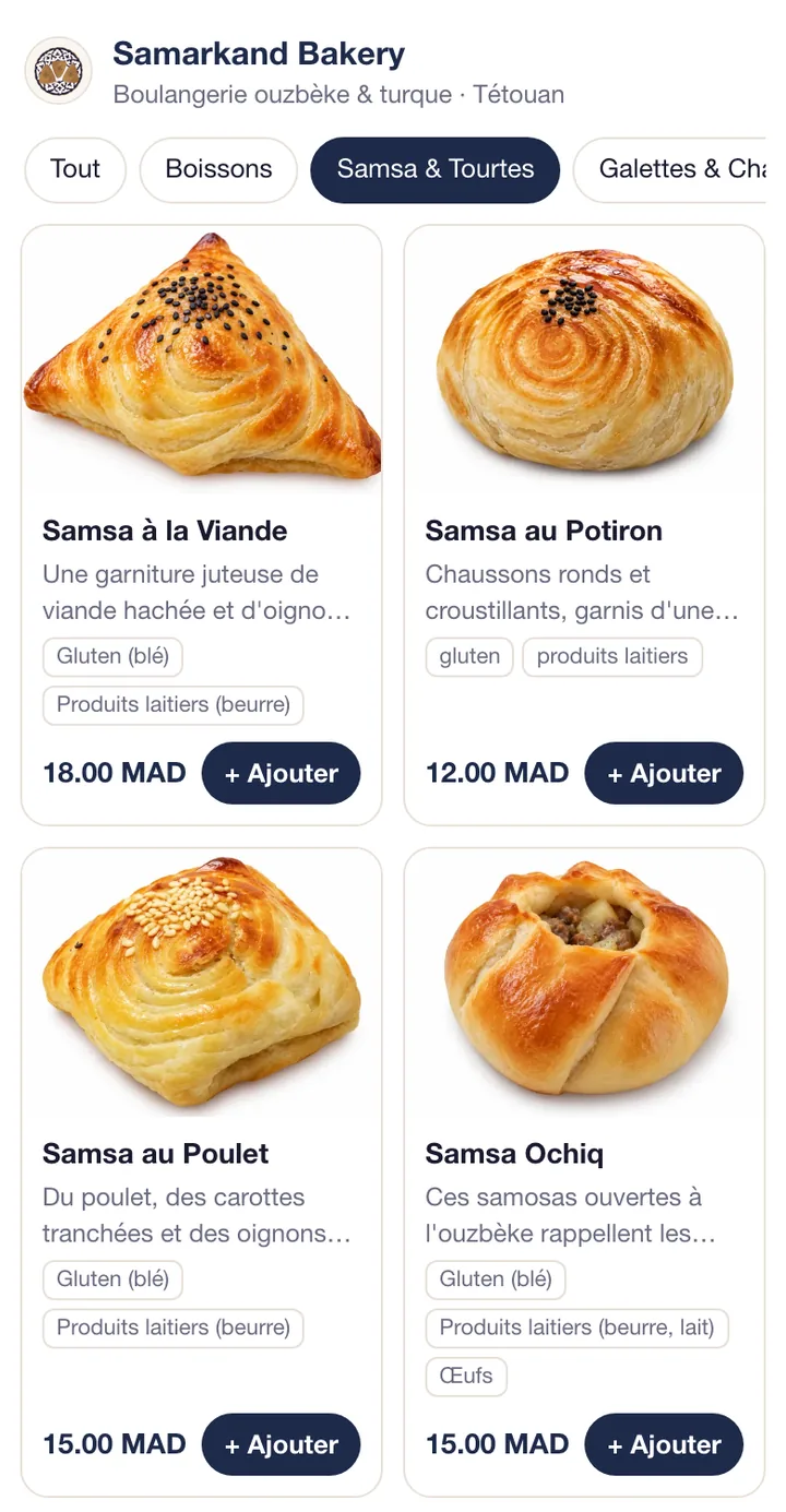 Le menu de Samarkand Bakery dans une conversation Claude, avec photos et prix
