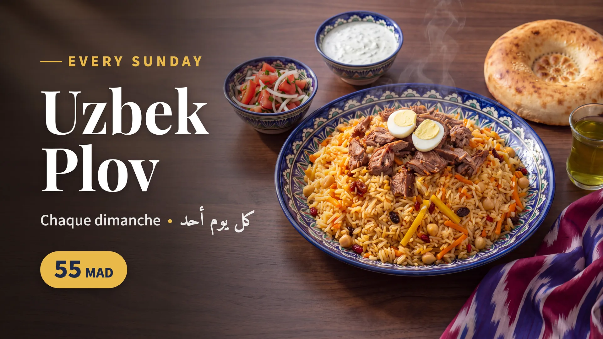 Uzbek plov every Sunday, 55 MAD