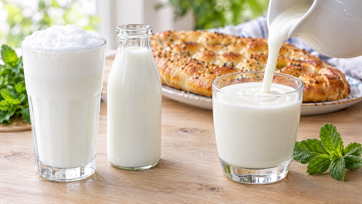 A frothy glass of Turkish ayran and a bottle of ayran next to a glass of thick kefir, with bread and mint