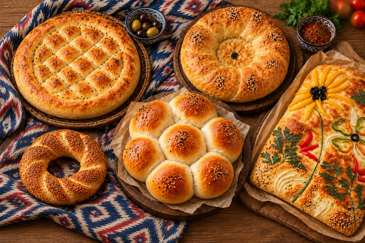 Freshly baked breads cooling on a wire rack in a home kitchen: a stamped Uzbek non, a pull-apart flower bread and Turkish loaves