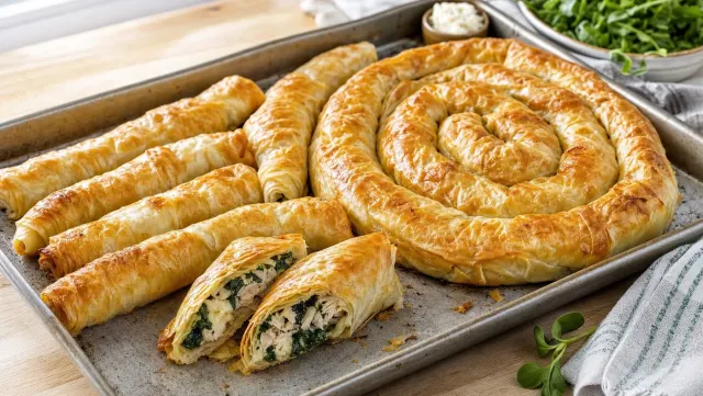 Golden Turkish börek rolls and a spiral börek on a baking tray, one cut open to show chicken, spinach and melted cheese
