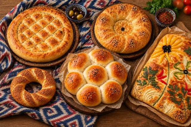 Freshly baked breads cooling on a wire rack in a home kitchen: a stamped Uzbek non, a pull-apart flower bread and Turkish loaves