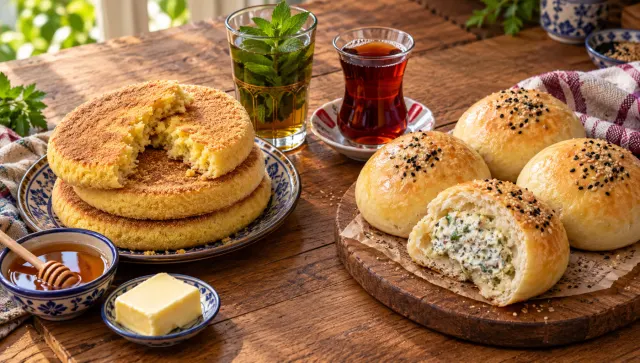 Moroccan harcha semolina flatbreads next to Turkish pogaça rolls with nigella seeds, mint tea and Turkish tea