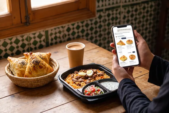 Uzbek meat samsa, plov in a takeaway box with salad and yoghurt, and karak tea on a table in Tetouan, with a phone showing the Samarkand Bakery menu in a chat