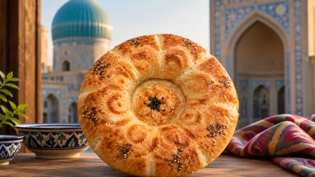 A round Uzbek non bread with a stamped patterned centre and sesame seeds, in front of a blurred turquoise-tiled dome in Samarkand