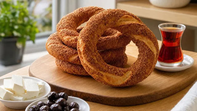 Sesame-crusted Turkish simit rings stacked on a wooden board with a glass of Turkish tea, white cheese and olives