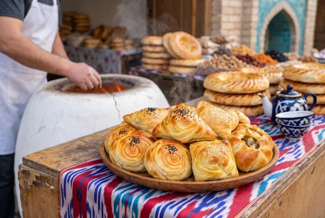 Golden Uzbek samsas on a wooden tray at a Samarkand bazaar, with a clay tandoor oven, stacks of non bread and a teapot behind