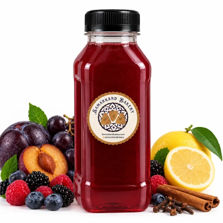Bouteille de sherbet turc ottoman rouge, avec prunes, fruits rouges, citron, cannelle et clous de girofle