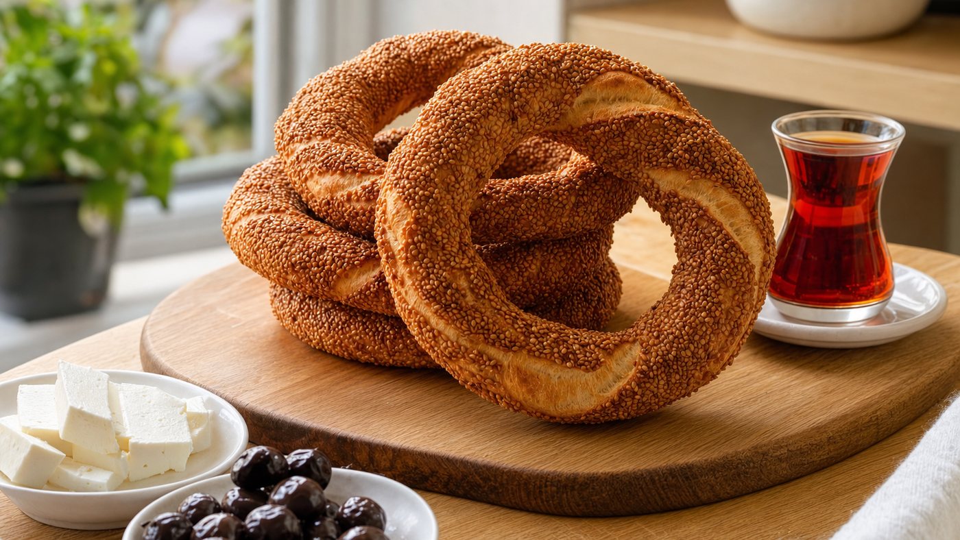 Sesame-crusted Turkish simit rings stacked on a wooden board with a glass of Turkish tea, white cheese and olives