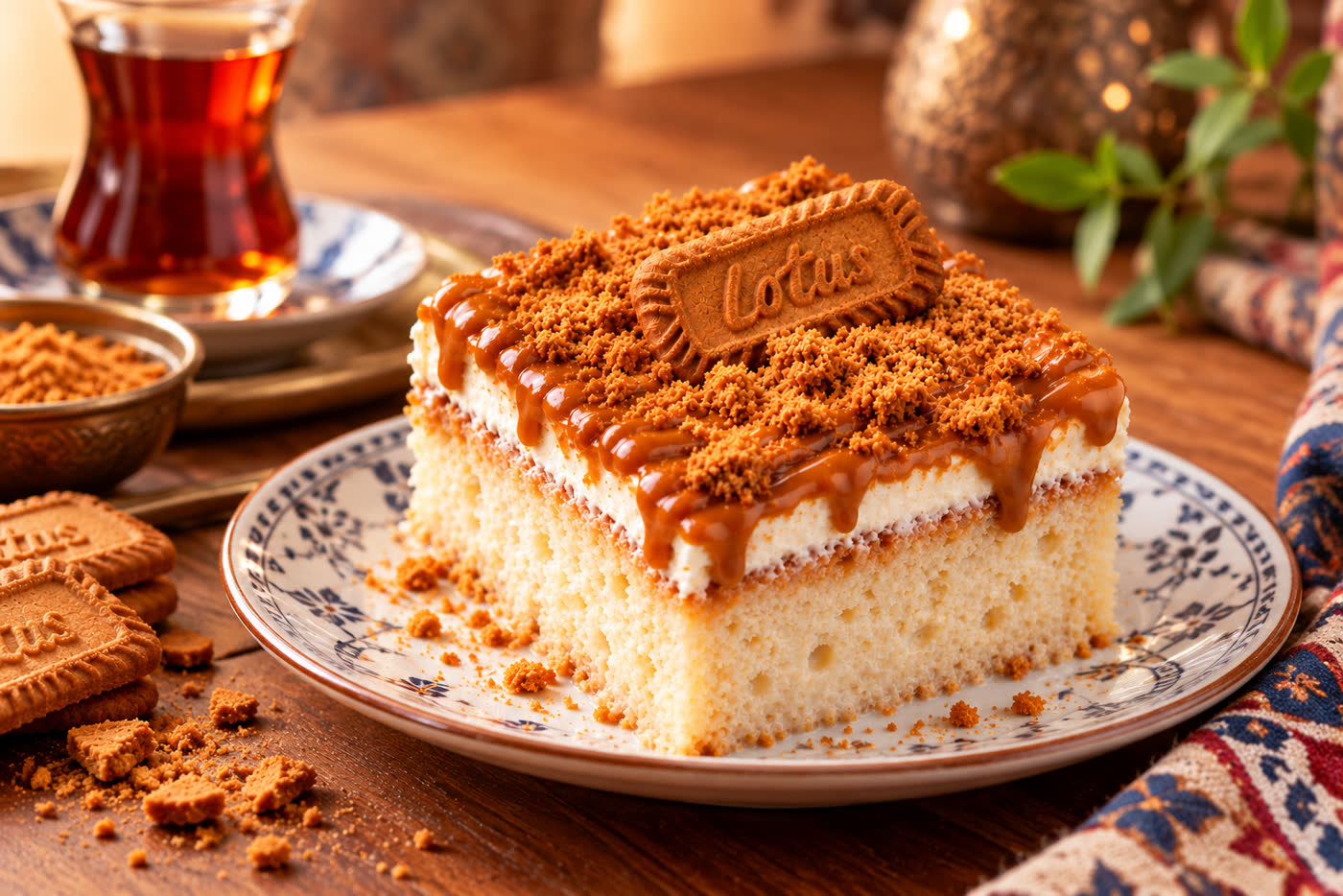 A slice of trilece three milk cake soaked in milk, topped with whipped cream, Lotus Biscoff crumbs and a whole biscuit