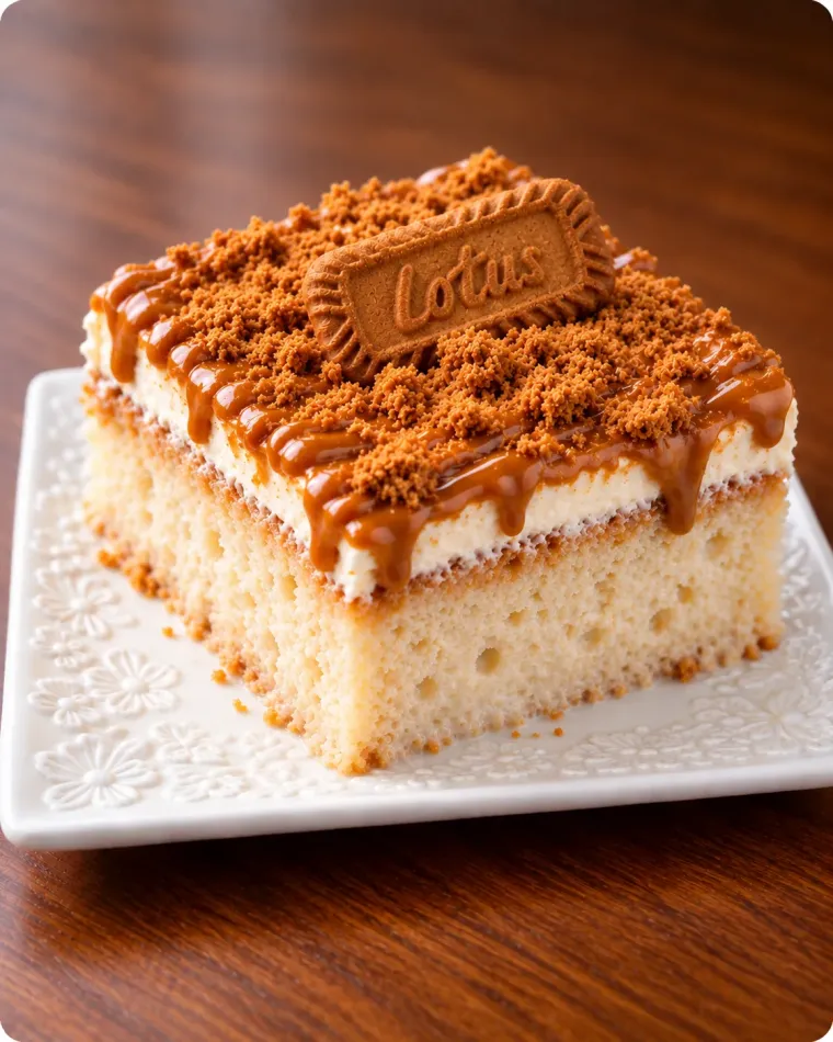 Trileçe au Lotus Biscoff, génoise aux trois laits avec crème fouettée, caramel et biscuit Lotus